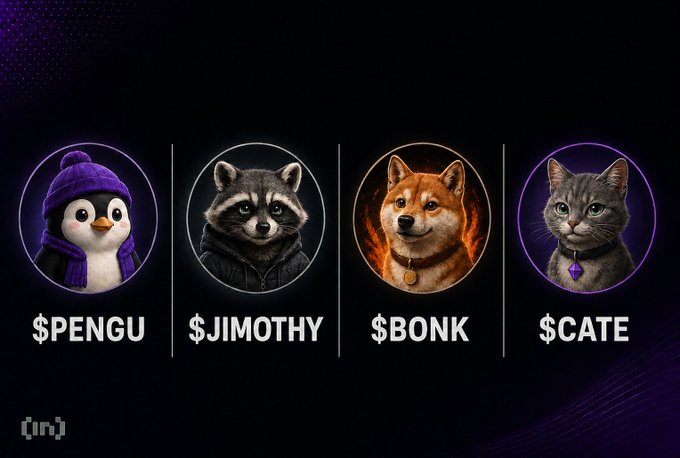 A promotional image displays four circular portraits of anthropomorphic characters—$PENGU (a penguin in a purple hat), $JIMOTHY (a raccoon), $BONK (a Shiba Inu surrounded by flames), and $CATE (a gray cat with a purple gem)—each labeled with their ticker names, visually representing the four memecoins being compared in the poll.