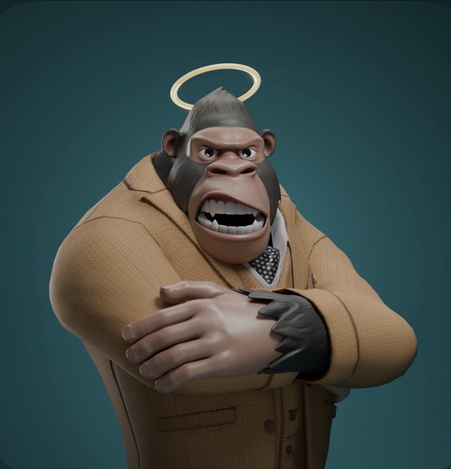 The image features a cartoon monkey wearing a suit jacket with a halo on its head. The monkey appears to be posing for the camera, giving off an air of confidence and sophistication. The background color is blue, which complements the overall theme of the image. The caption at the bottom of the image reads "I minted this @GeezOnApe for 33 Ape today the floor is over 5,000 ape definitely my best NFT investment by far". This suggests that the monkey's suit and halo are valuable items in the world of digital art or animation.