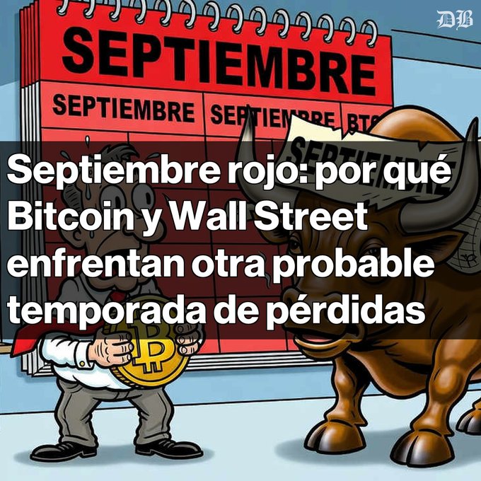 An illustration from The New York Times with the Spanish headline 'Septiembre rojo: por qué Bitcoin y Wall Street enfrentan otra probable temporada de pérdidas,' depicting a worried man holding a Bitcoin coin next to a bull in front of a September calendar.