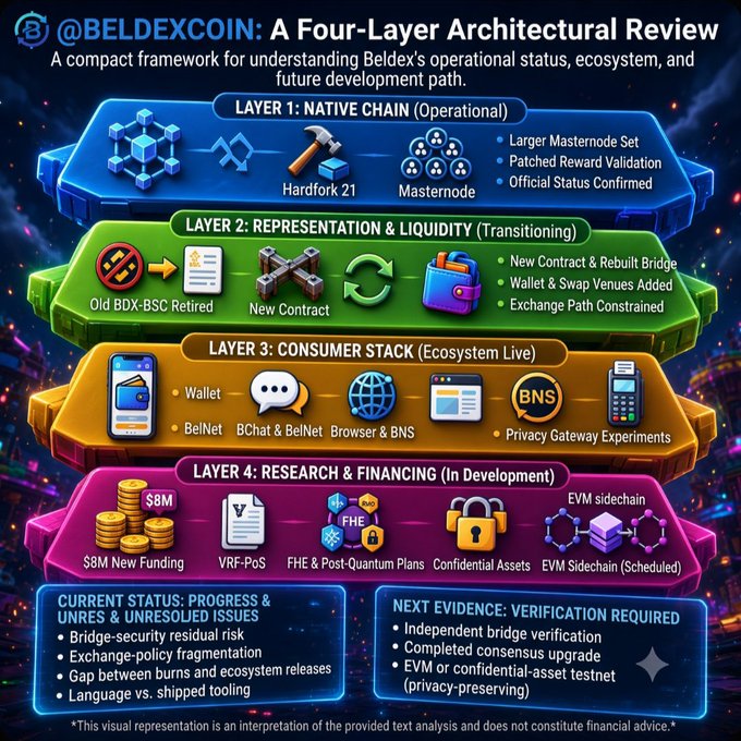 An infographic titled '@BELDEXCOIN: A Four-Layer Architectural Review' details Beldex's native chain, liquidity, consumer stack, and research layers with various icons and notes.