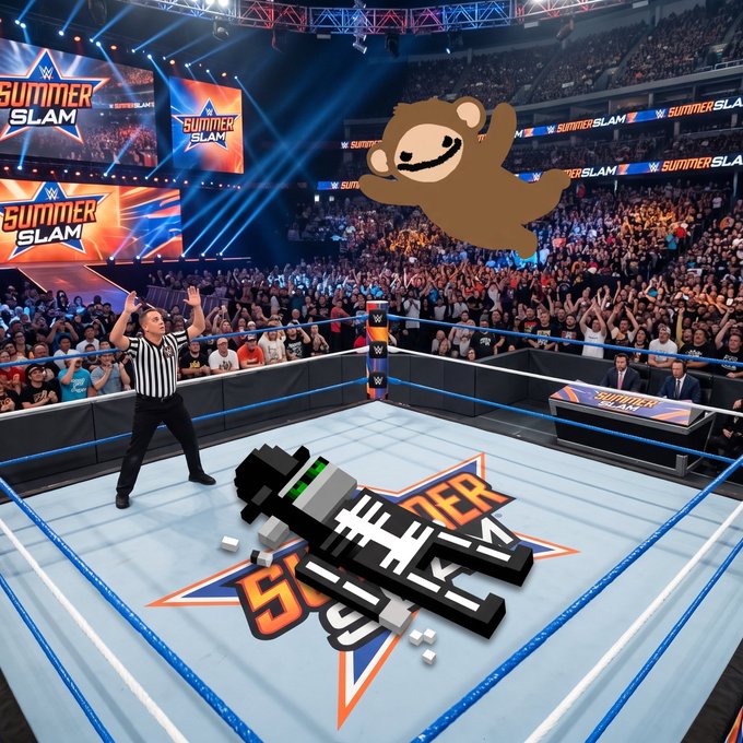 A Minecraft Netherite Sword block lies defeated in the center of a WWE SummerSlam ring as a referee counts, while a Nodemonke puppet flies overhead. The scene visually matches the post's wrestling theme, depicting the "Nodemonkes" being "laid out" during the SummerSlam event mentioned in "WPBTW."