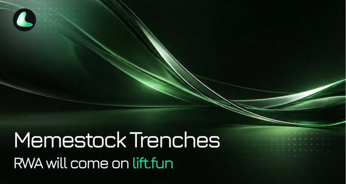 A dark promotional graphic featuring flowing green light streaks and the text "Memestock Trenches" with the tagline "RWA will come on lift.fun," visually announcing lift.fun's expansion to support tokenized real-world assets (RWAs) like Memestocks following Arc Network's mainnet launch.