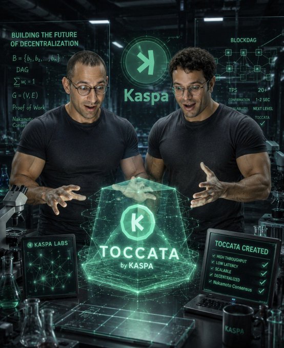 A futuristic illustration of two excited men in a tech lab examining a glowing holographic 'TOCCATA by KASPA' display, with 'Building the Future of Decentralization,' 'Kaspa,' and 'BlockDAG' branding visible alongside technical specs like TPS 20k and 1-2 sec confirmation.