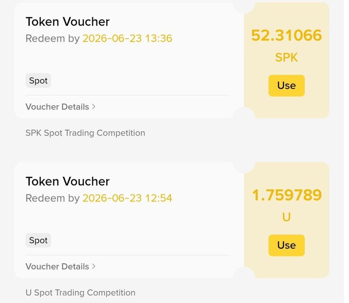 The image shows two pieces of paper with information about a trading competition, including details such as the SPK value and the amount of money received for participation. The text also mentions that the payment was made by Binance Trading.
