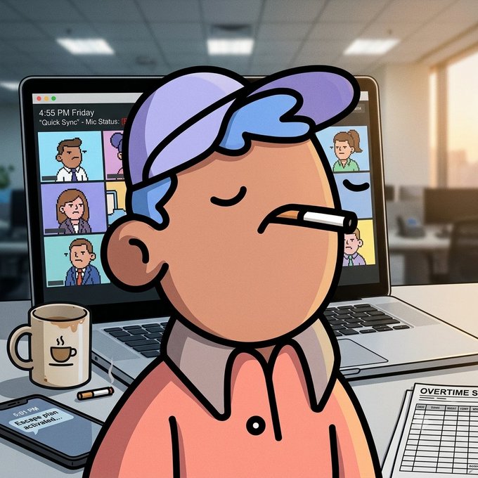 An illustration shows a tired cartoon character with purple and blue hair wearing a baseball cap backward, sitting at a desk with a laptop displaying a video meeting titled 'Quick Sync' at 4:55 PM Friday, alongside a coffee mug, a cigarette, and an 'OVERTIME' schedule.