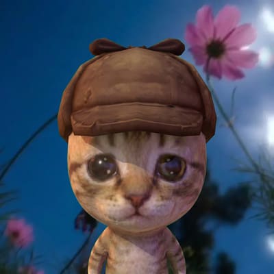 A small animated kitten character wearing a brown cap with ear-like protrusions stands in a field of pink cosmos flowers under a blue sky.