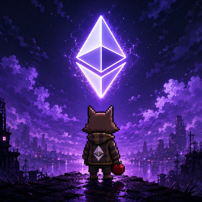 A pixel art character in an Ethereum hoodie stands gazing up at a glowing Ethereum logo hovering over a purple cyberpunk cityscape, while holding a red apple—symbolizing a celebratory birthday tribute to the Ethereum network.
