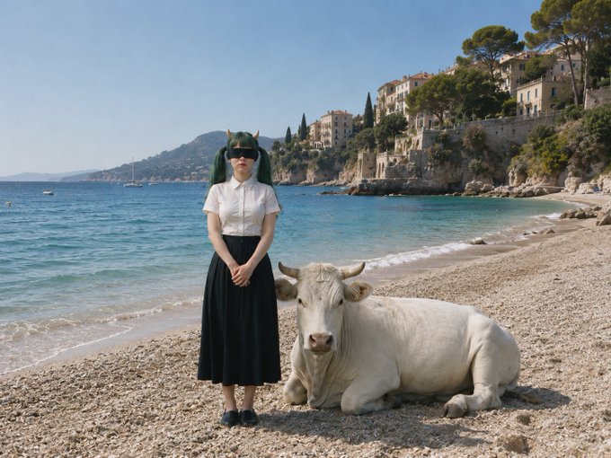 A surreal photo of a woman with green hair standing on a pebbled Mediterranean beach next to a white cow, with coastal buildings in the background.