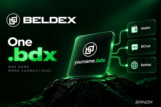 A promotional graphic for Beldex's Beldex Name Service (BNS) features the "BELDEX" logo and "One.bdx" tagline alongside a glowing "yourname.bdx" tile connected to three services: Wallet, BChat, and BelNet, illustrating how a single .bdx name unifies multiple Beldex network identities.
