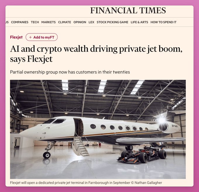 Financial Times article headline reads "AI and crypto wealth driving private jet boom, says Flexjet" with subheading "Partial ownership group now has customers in their twenties," featuring a white private jet parked next to a Formula 1 car.