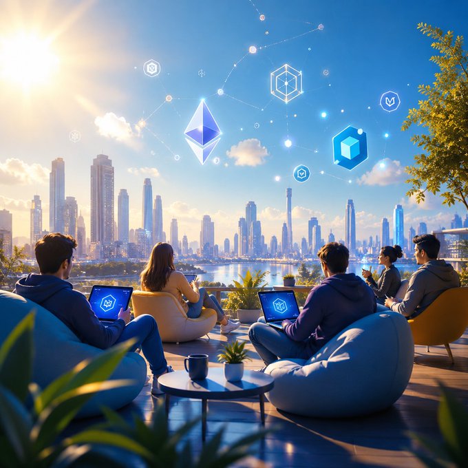 A group of people sit on bean bags and chairs on a rooftop terrace overlooking a modern city skyline, with floating cryptocurrency and blockchain icons (including Ethereum and Tron logos) hovering in the bright blue sky above them.