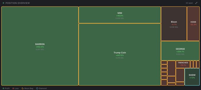A financial 'POSITION OVERVIEW' dashboard showing green positive positions including BARRON (+552.4%), Trump Coin (+447.0%), MIM, and GEORGE, alongside smaller positions like Bison, SHDW, and Trenches.