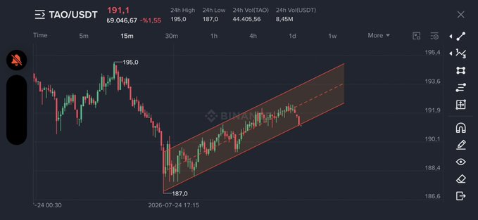A 15-minute candlestick chart of TAO/USDT on Binance showing a current price of $191.1, with a descending wedge or rising channel pattern highlighted in red and an annotated low of 187.0 and high of 195.0.