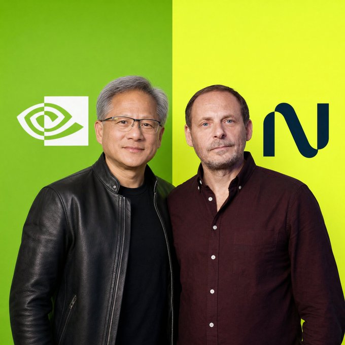 A composite image showing Jensen Huang (NVIDIA) against a green background with the NVIDIA logo on the left, and another man against a yellow background with an 'N' logo on the right.