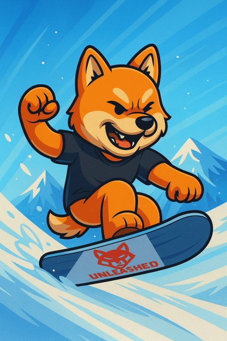 A cartoon-style illustration of an orange fox-like character wearing a dark shirt, snowboarding energetically down a snowy mountain with the text 'UNLE$SHED' on the snowboard.