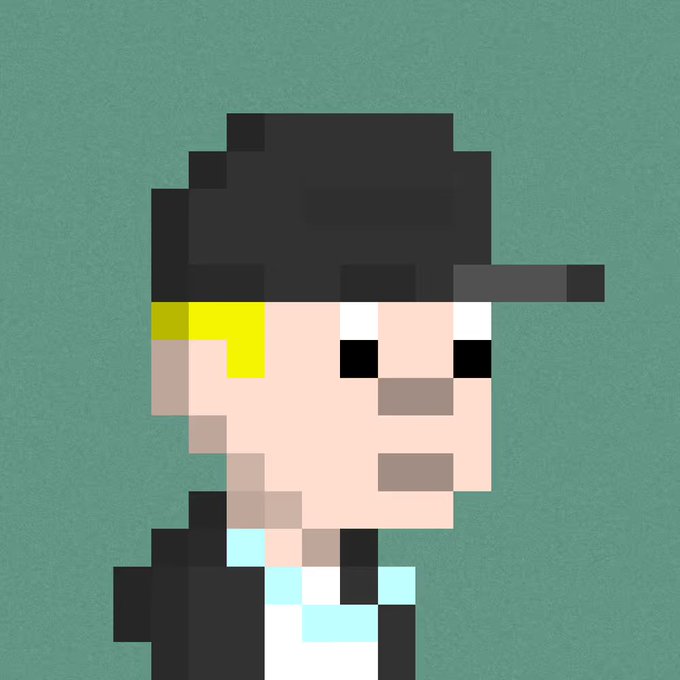 A pixel-art portrait of a character wearing a black backwards cap and hoodie against a teal background.