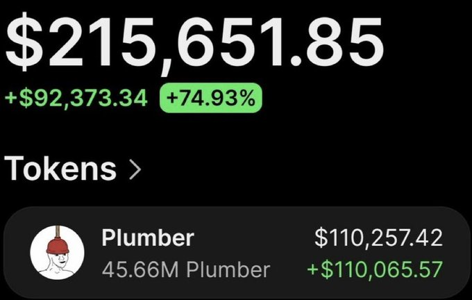 A screenshot displays a portfolio showing a balance of $215,651.85 with a +$92,373.34 (+74.93%) gain, highlighting a "Plumber" token position of 45.66M Plumber worth $110,257.42. The image visually confirms the post's claim of a massive profit on the $Plumber memecoin call.