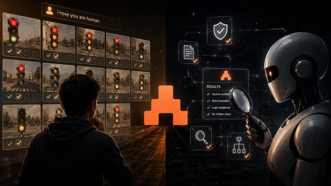 A conceptual image showing a person facing a 'Prove you are human' CAPTCHA screen with traffic light images on the left, while a robot on the right uses a magnifying glass to verify document sources, data, and logic.