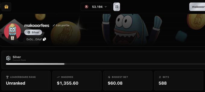 A user profile page on a betting/gambling platform showing username 'makoorfees' at Silver rank, with stats: wagered $1,355.60, biggest bet $60.08, and 588 bets.