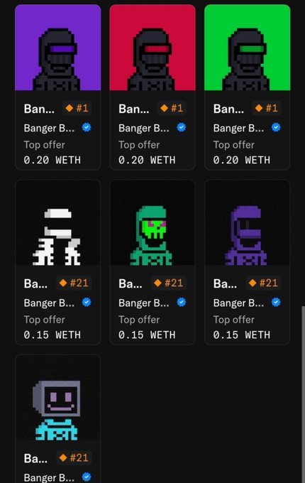 A digital marketplace interface displaying pixel-art avatar NFTs for sale, with cards labeled 'Banger B...' featuring top offers of 0.20 WETH and 0.15 WETH.