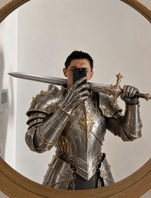 A mirror selfie of a person wearing ornate silver armor with gold accents, holding a large sword horizontally behind their head.