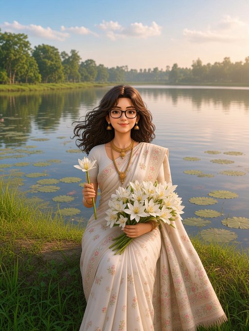 A woman wearing glasses and a white saree holding white lilies, sitting by a lotus-filled lake at sunset.
