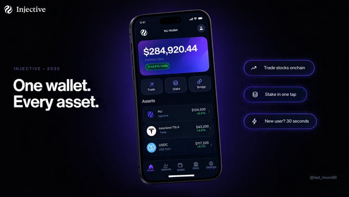 A promotional graphic for the Injective (INJ) crypto wallet with the text 'One wallet. Every asset.', showing a phone displaying a portfolio value of $284,920.44 and buttons for 'Trade stocks onchain', 'Stake in one tap', and 'New user? 30 seconds'.