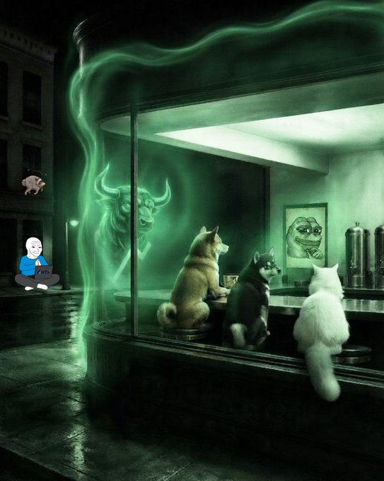 A surreal image depicts cats sitting at a diner counter, with a ghostly green bull appearing outside the window and small cartoon figures overlaid.