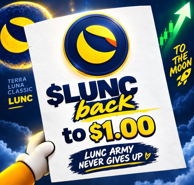 A promotional graphic for Terra Luna Classic (LUNC) cryptocurrency features the text "$LUNC back to $1.00" and "LUNC ARMY NEVER GIVES UP," along with "TO THE MOON" and a rising green chart arrow.