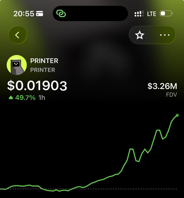 A mobile phone screenshot shows the PRINTER token valued at $0.01903, with a 49.7% increase in 1 hour and a $3.26M FDV, accompanied by a green rising chart.