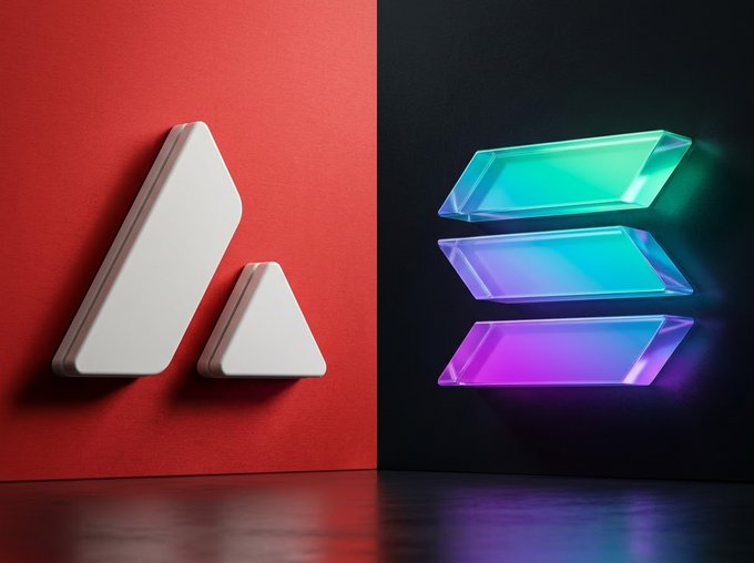 A 3D-rendered graphic showing the Avalanche (AVAX) logo, with white geometric shapes on a red background on the left and glowing translucent bars in green, blue, and purple on a black background on the right.
