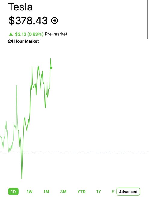 A stock chart for Tesla (TSLA) showing a price of $378.43, up $3.13 (0.83%) pre-market, with a 24-hour green line graph trending upward.