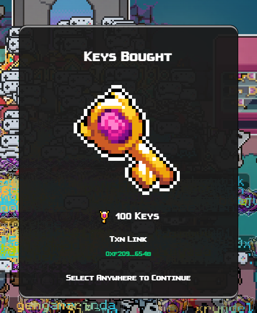 A pixel-art video game screen displaying a 'Keys Bought' notification with a golden key icon, indicating 100 keys purchased via 'TXN LINK 0xF209...6548', with text 'Select Anywhere to Continue'.