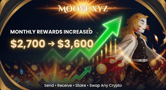 The image features a poster for MooveXZ that promotes a rewards system for users who participate in their cryptocurrency exchange platform. The poster includes an illustration of a character with long hair, dressed in a white outfit, holding a sword and shield, standing against a backdrop of a city skyline at night. The text on the poster highlights the benefits of using MooveXZ as a rewards-based cryptocurrency exchange, emphasizing that users can receive rewards for their participation.