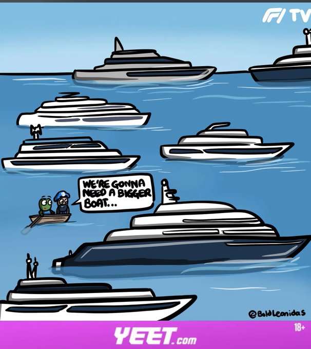 A digital illustration of several boats floating on a blue body of water, with various ships including yerba mate boats at different depths. On top of one of these vessels, there's an adult male holding another boat. The backdrop includes a clear sky, an ocean filled with lots of other boats in the distance, and some boats have messages written on them saying "things i'm looking at today powered by @yeet.com Strategy buys BTC, Humanity Protocol dumps, chip stocks rebound Crypto".