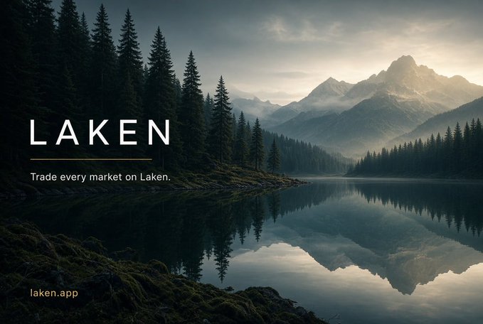 A serene landscape image features a calm mountain lake reflecting towering pine trees and mist-covered peaks under a soft, hazy sky, evoking the tagline "Trade every market on Laken." Overlaid in clean white type on the left side is the brand name "LAKEN" with the phrase "Trade every market on Laken" beneath it, while the URL "laken.app" appears in the bottom-left corner, tying the tranquil natural scene to the platform's promotion of seamless multi-market trading.