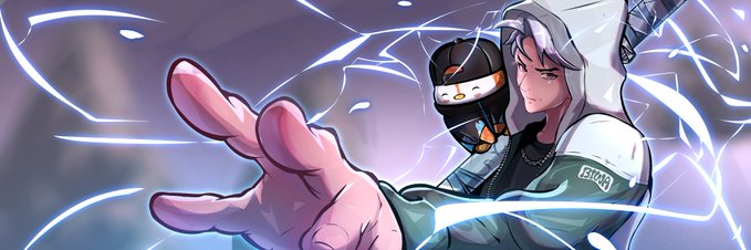 An anime-style character with white hair in a hooded jacket stands with a small cat-mascot character on his shoulder, reaching out his hand as electric tendrils swirl around them.