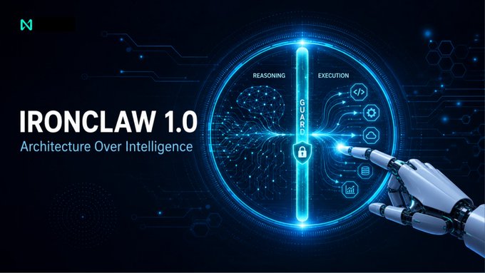 A futuristic digital advertisement for "IRONCLAW 1.0 - Architecture Over Intelligence" featuring a glowing blue circular interface with "REASONING" and "EXECUTION" quadrants separated by a "GUARDRAIL" column, with a robotic hand touching the display.