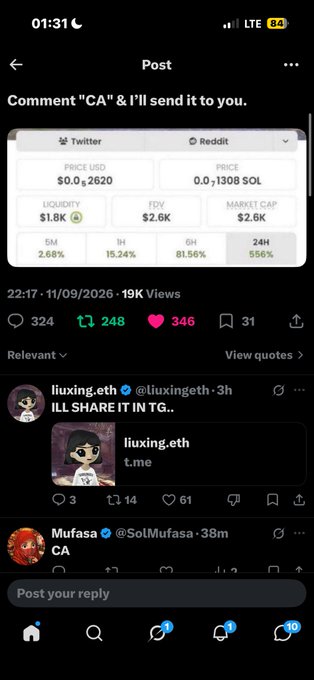 A mobile screenshot of a social media post showing crypto market stats for a token (price, liquidity, FDV), with a reply from 'liuxing.eth' (@liuxingeth) saying 'ILL SHARE IT IN TG..'