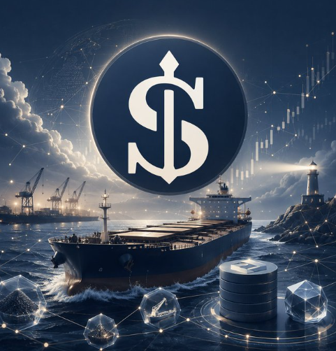 An artistic illustration features a large dollar sign coin floating above a cargo ship at sea, surrounded by port cranes, a lighthouse, and digital network elements, symbolizing global finance and blockchain technology.