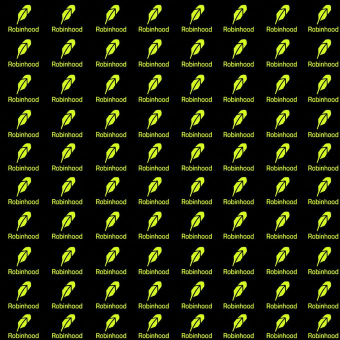A black background tiled with repeating yellow Robinhood logos, each paired with the brand name "Robinhood" beneath it. The repetitive pattern visually reinforces the post's claim that "Robinhood is inevitable," suggesting the platform's ubiquity and inescapable presence.