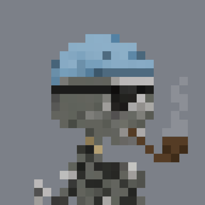 Pixel art depicting the character Sans from Undertale, recognizable by his blue hoodie, black eye sockets with glowing pupils, and signature grin, set against a light blue background.