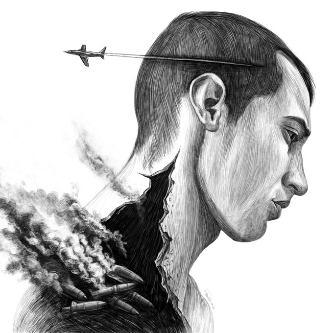 A surreal pencil drawing depicting a person's profile with a fighter jet flying out from their head and bullets emerging from their shoulder area in smoke.