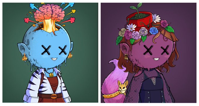 Two stylized cartoon characters with X-shaped eyes: a blue one on the left with an exposed brain, and a purple one on the right with a flower-adorned plant pot head, both in illustrated art style.