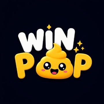 A logo for "WIN POOP" featuring a cute cartoon poop character with a smiling face, set against a dark background with sparkle accents.