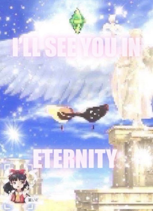 The image features a poster with a girl wearing sunglasses standing next to a statue of an angel, both facing towards the sky. The background depicts a blue sky filled with clouds and stars, creating a dreamy atmosphere. Below the scene, there is text that reads "I'll see you in Eternity".