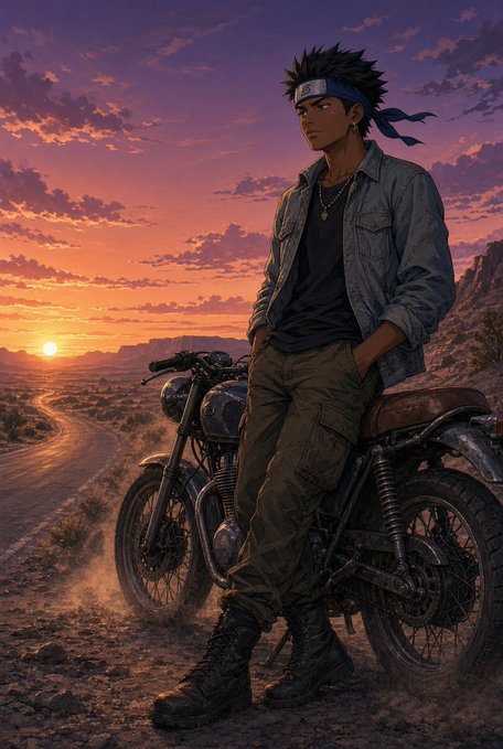 An anime-style illustration of a young man with a blue headband sitting on a motorcycle, overlooking a desert landscape at sunset.