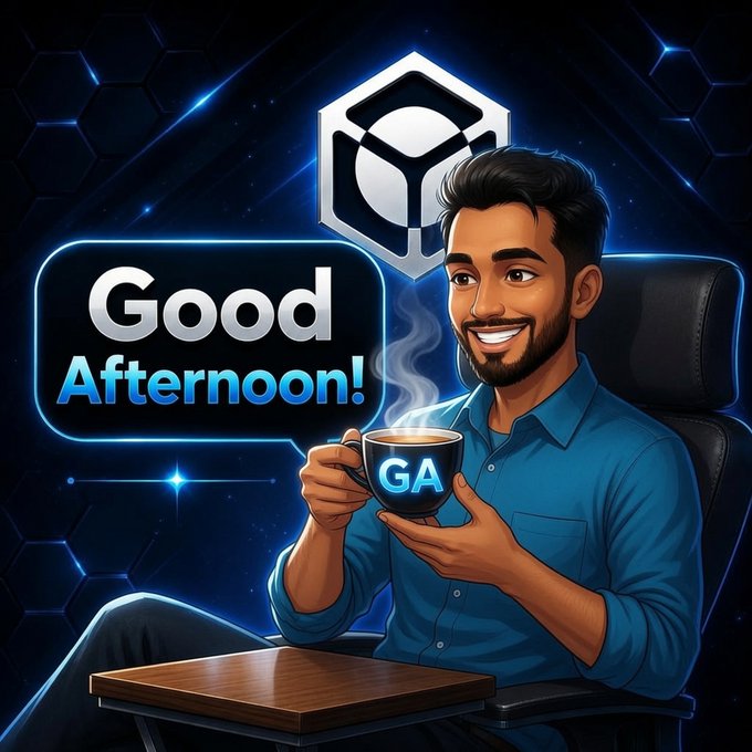 A digital illustration depicts a smiling man holding a steaming 'GA' mug in front of a 'Good Afternoon!' speech bubble against a futuristic background.