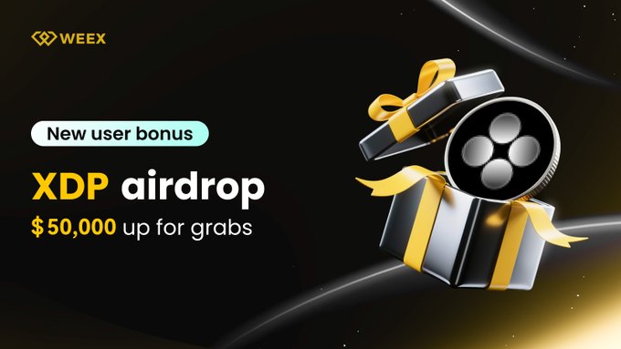 A Weeyx promotional banner announcing a new user bonus $XDP airdrop with $50,000 up for grabs, featuring a gift box and Ripple (XRP) coin graphic that aligns with the accompanying post about sharing the $50K prize pool during the September-October 2026 event.