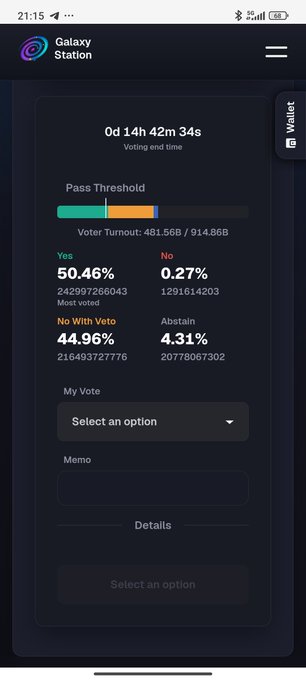 A mobile app screenshot of Galaxy Station showing a voting interface with '0d 14h 42m 34s' remaining, displaying results of Yes (50.46%), No (0.27%), No With Veto (44.96%), and Abstain (4.31%) with a voter turnout of 481.56B/914.86B.